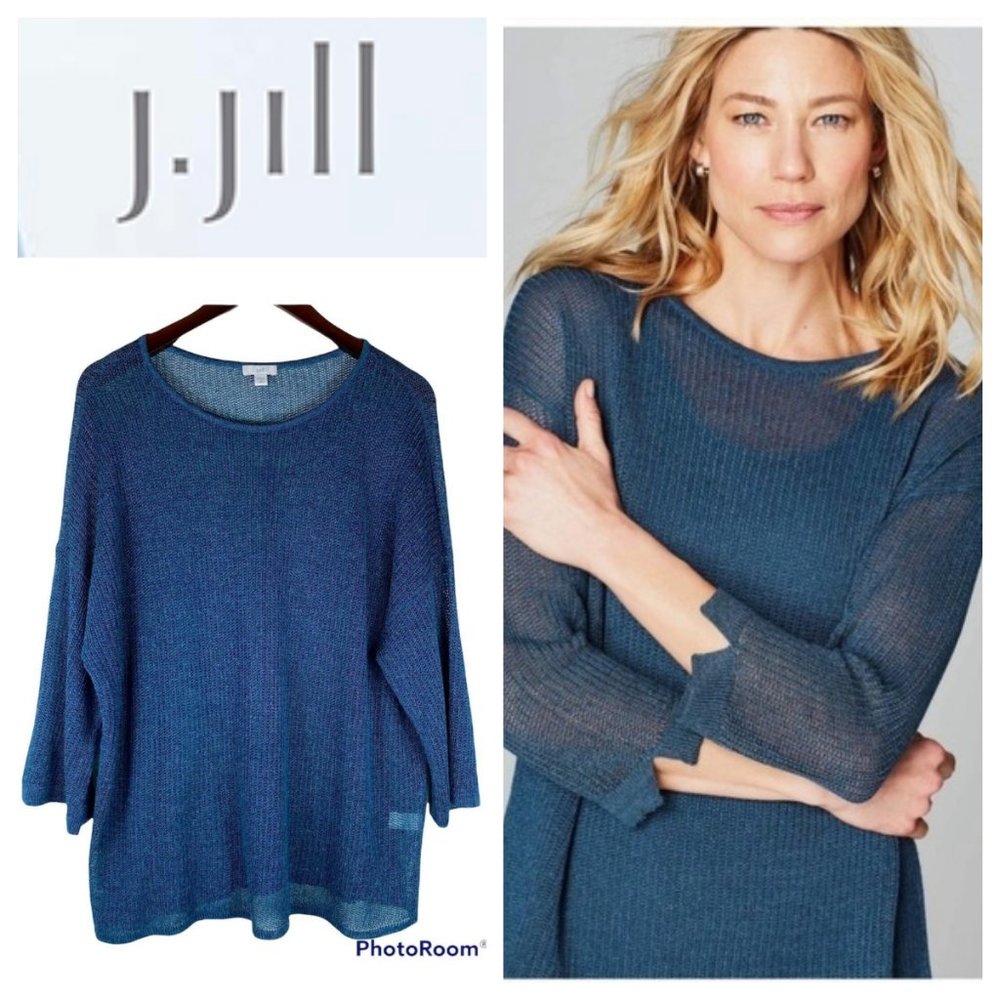 J Jill Thin Sweater Pullover XL Petite XLP Crochet Blue Linen Blend Crochet